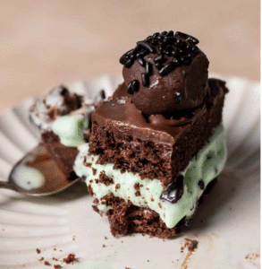 A slice of mint chocolate chip ice cream cake topped with chocolate ganache and a truffle on a white plate