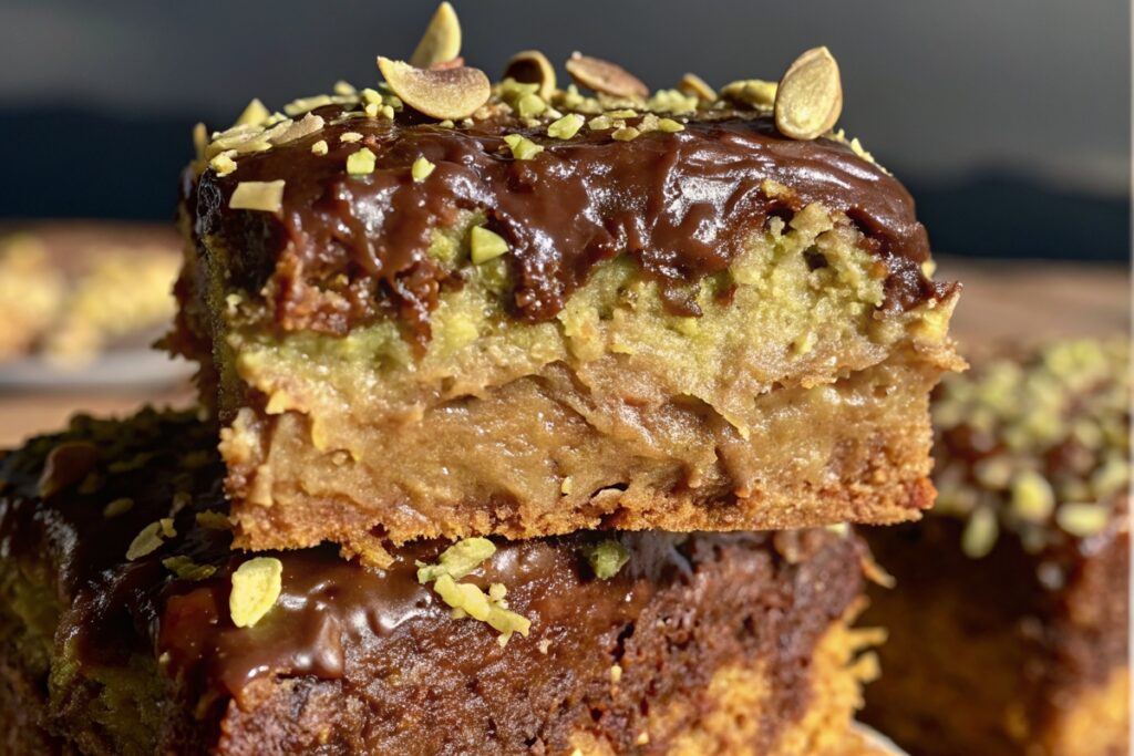 Dubai chocolate chip cookie bars with pistachio filling and melted chocolate topping