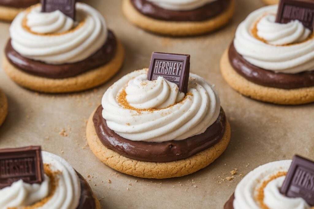 Frosted S’mores Cookies topped with Hershey’s chocolate