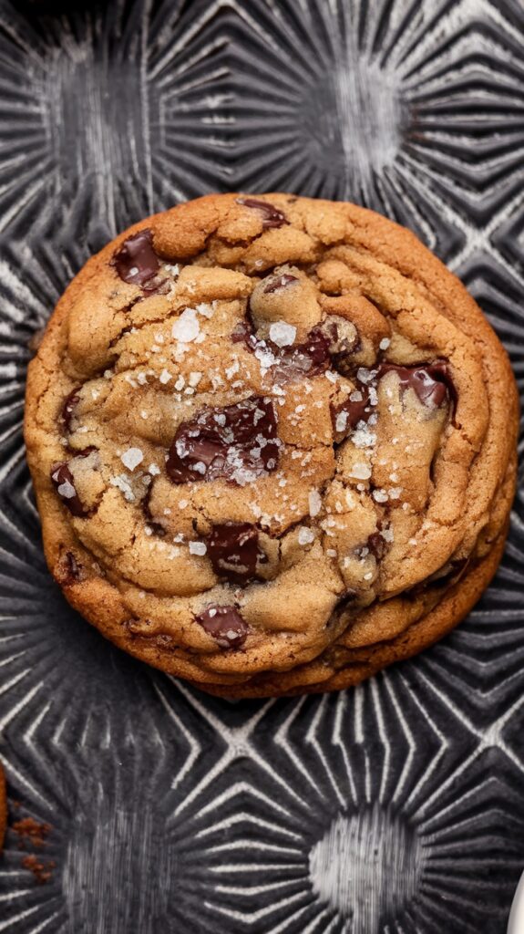 Close-up of a baked chocolate filled cookie topped with sea salt on a textured baking tray