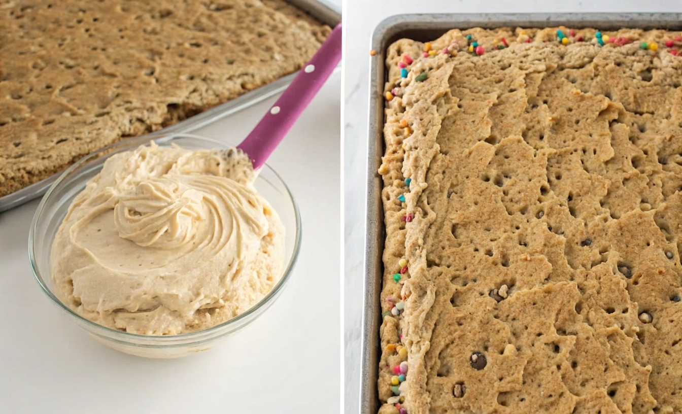Side-by-side image of buttercream frosting preparation and a fully decorated sheet pan cookie cake with piped edges and sprinkles
