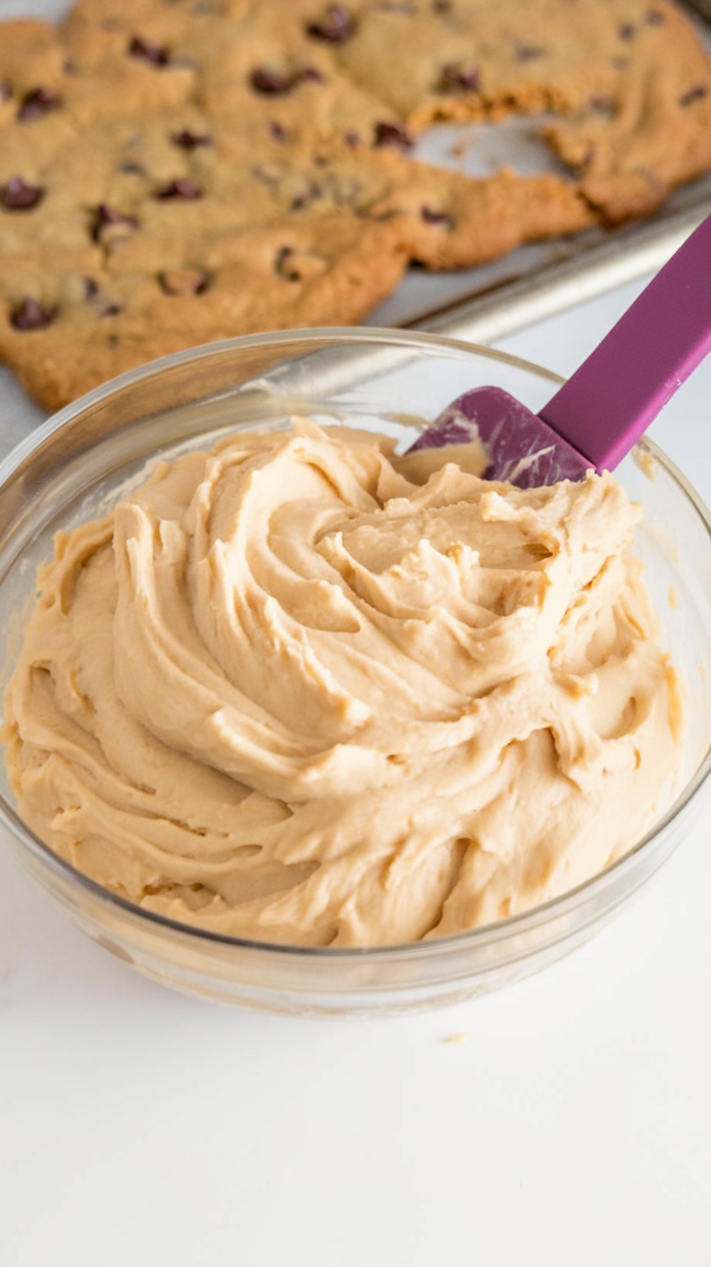 Bowl of buttercream frosting with a spatula in front of a sheet pan cookie cake ready for decorating