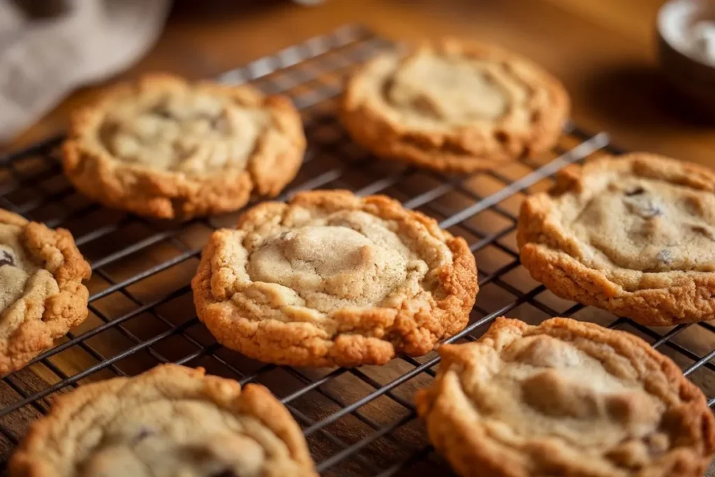 Freshly baked chocolate chipless cookies on a wire rack
