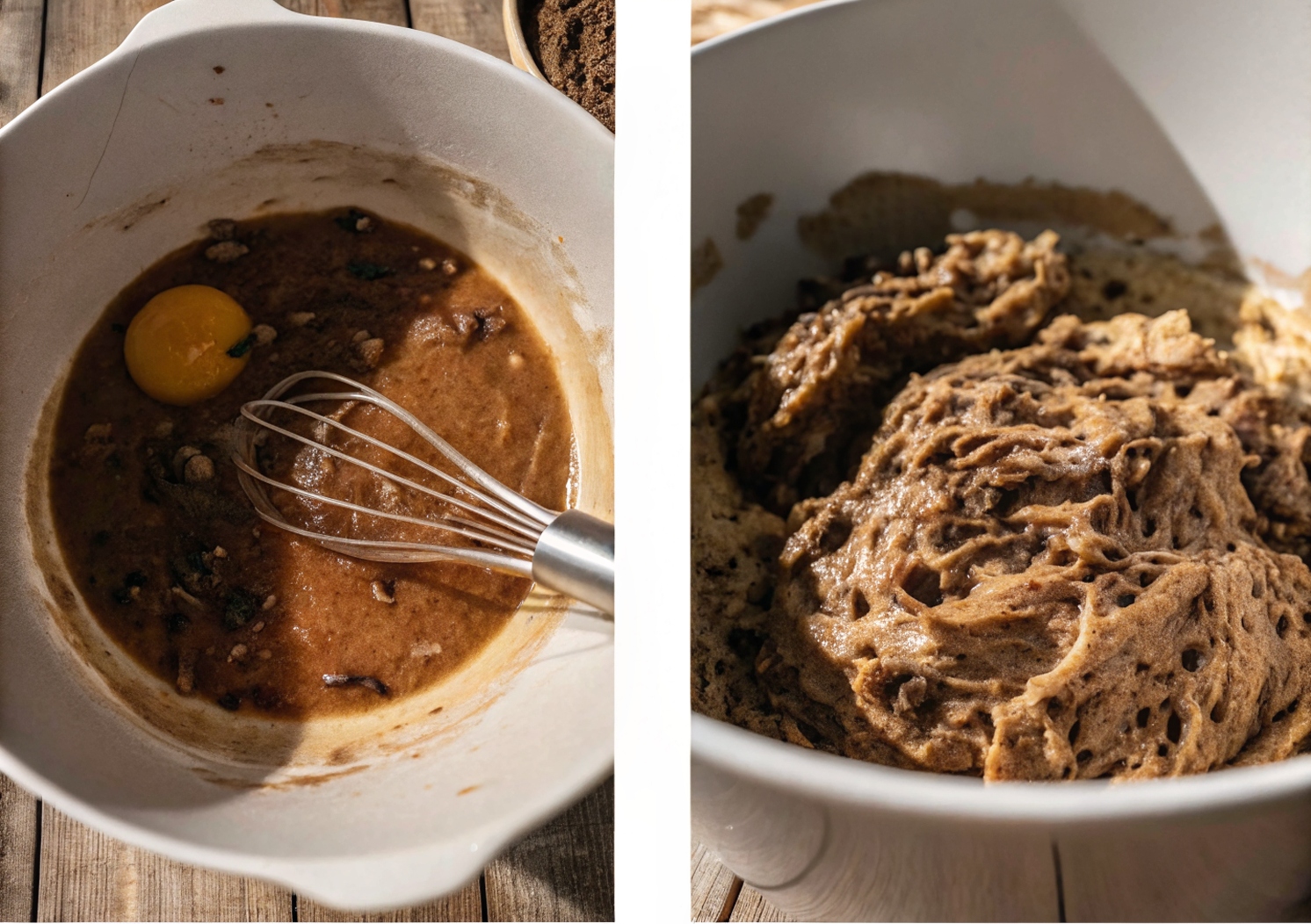 Eggs and vanilla whisked into cookie batter and final chocolate filled cookie dough ready for baking