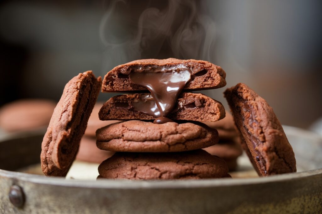 Stack of chocolate filled cookies with melted chocolate oozing from the center on a wooden tray