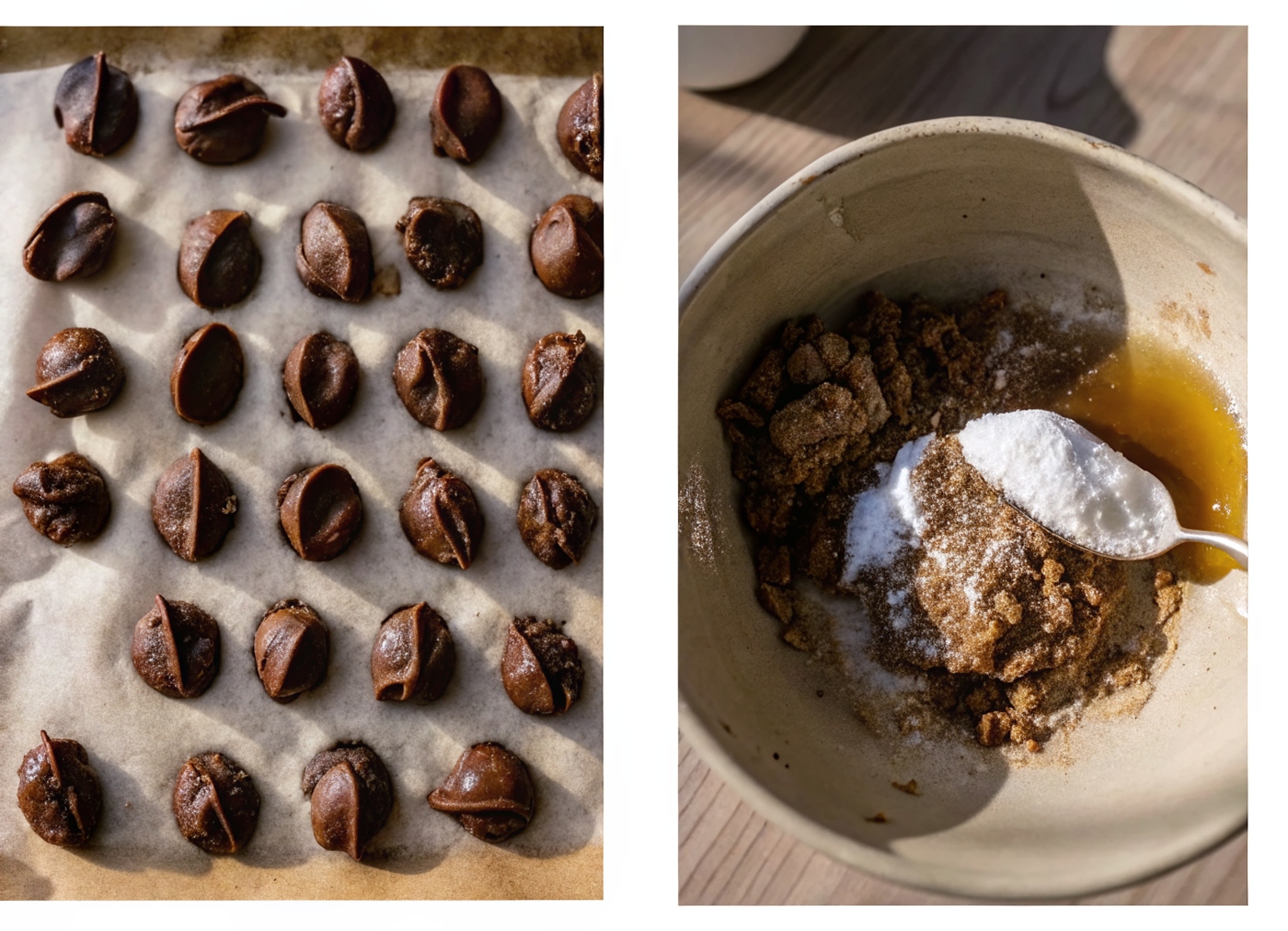 Frozen Nutella scoops on parchment and melted butter with sugars in mixing bowl for chocolate filled cookies