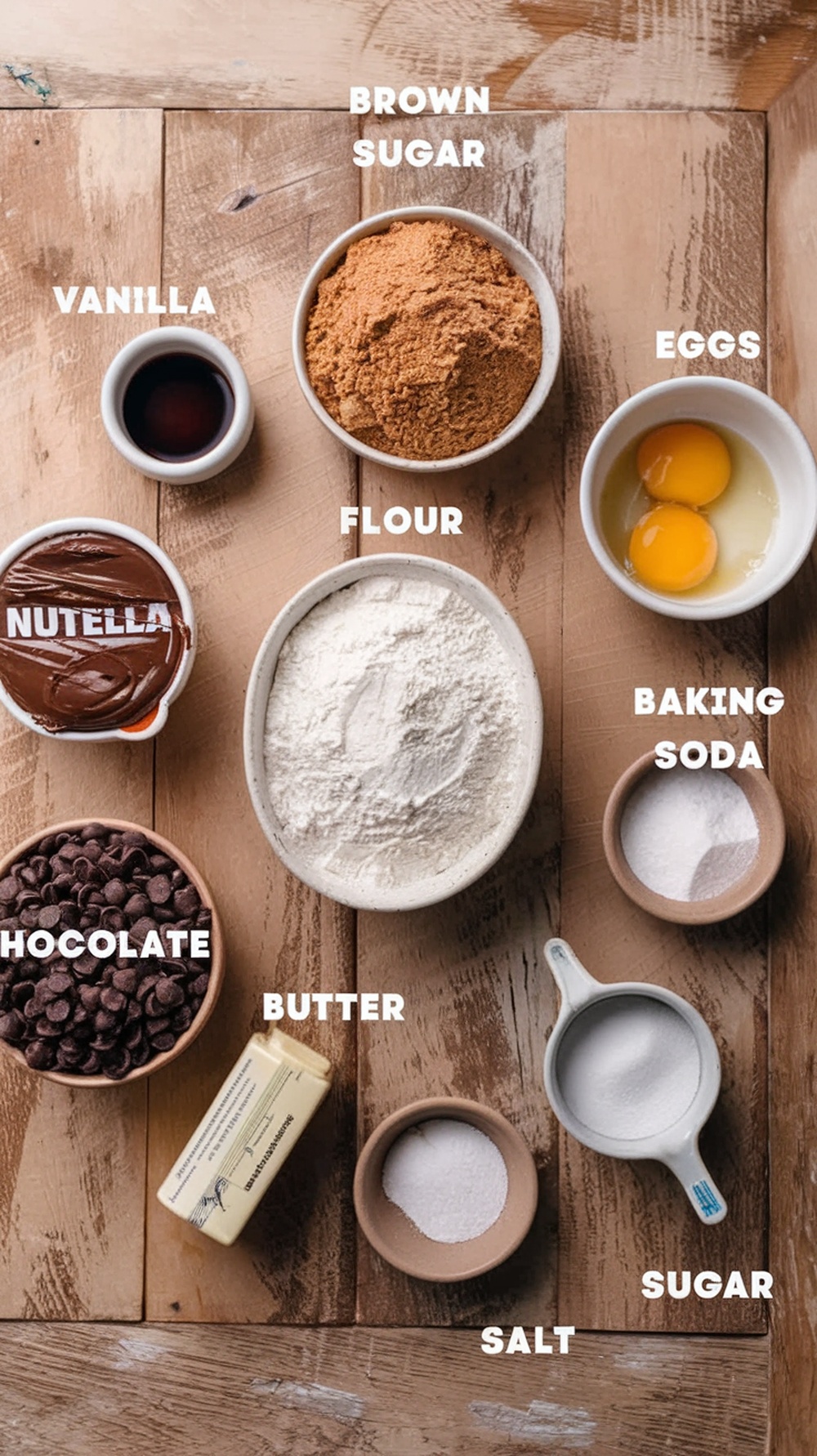 Top view of ingredients for chocolate filled cookies including Nutella, chocolate, flour, eggs, butter, and brown sugar