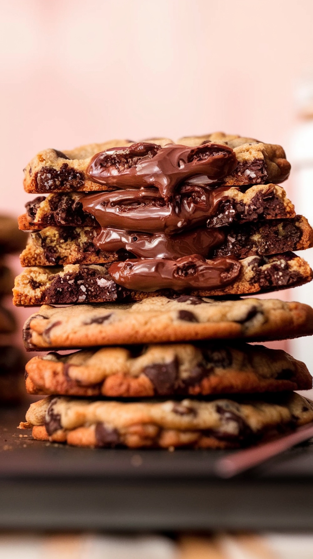 Chocolate filled cookies with gooey chocolate center stacked on top of each other