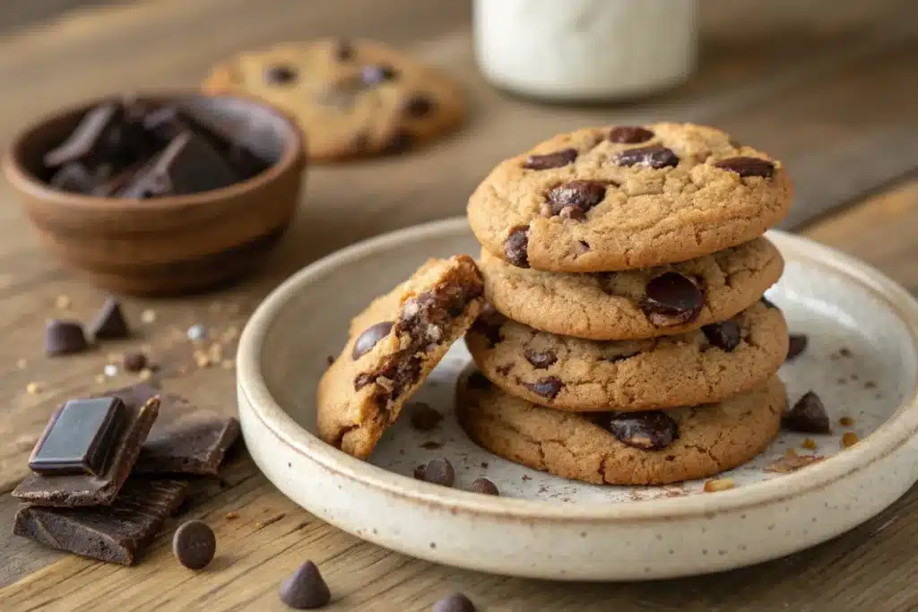 Alt Text: freshly baked dark chocolate chip cookies close-up on a plate