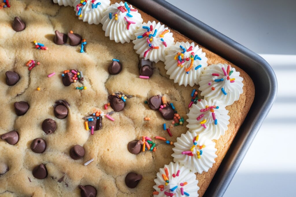 Overhead close-up of a sheet pan cookie cake with buttercream frosting and sprinkles in a half-sheet baking pan
