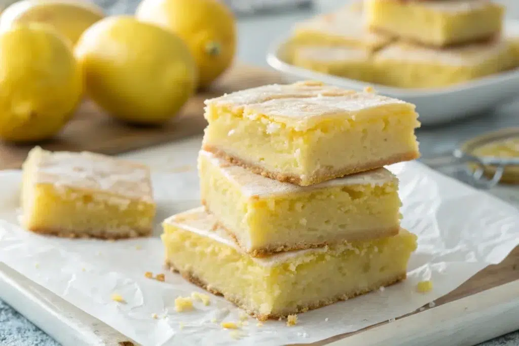 Soft and gooey lemon brownies stacked on parchment with a bite taken out