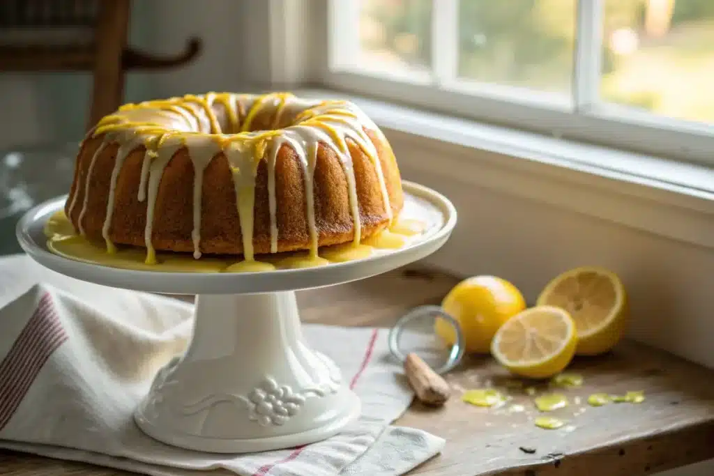 Moist lemon Bundt cake with glossy lemon glaze
