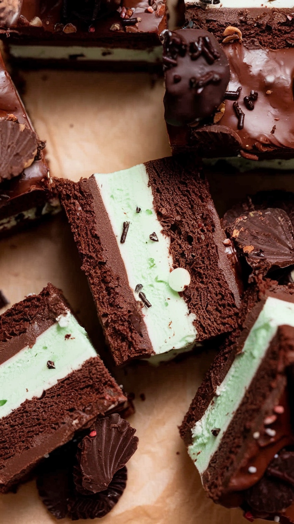Close-up of mint chocolate chip ice cream cake with layers of chocolate cake, mint ice cream, and ganache