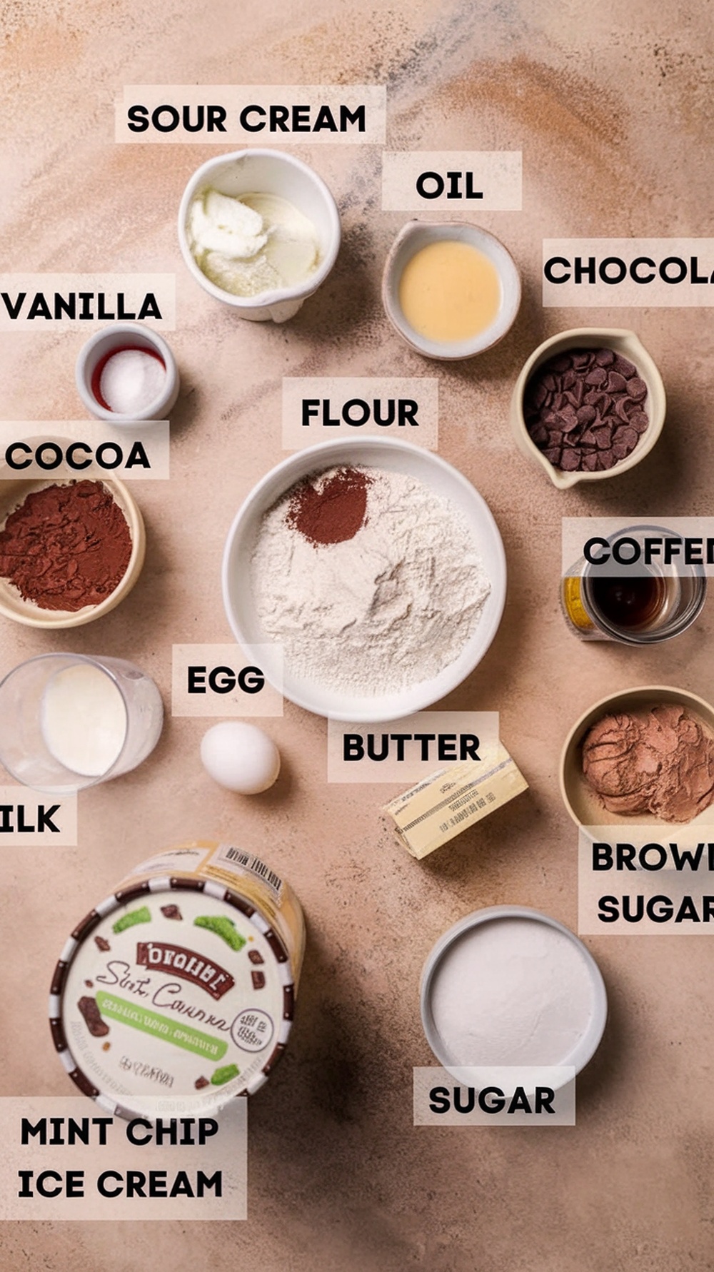 Overhead image of labeled ingredients for mint chocolate chip ice cream cake including cocoa, flour, mint chip ice cream, chocolate chips, butter, sugar, and sour cream