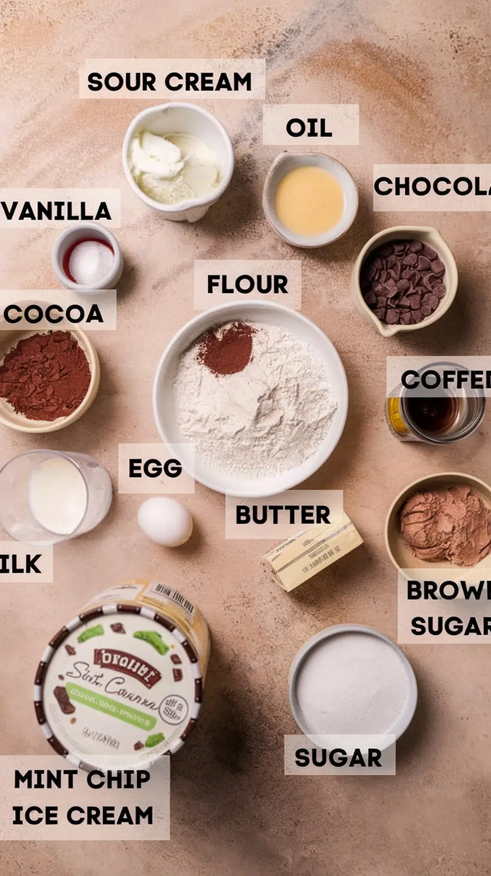 Overhead image of labeled ingredients for mint chocolate chip ice cream cake including cocoa, flour, mint chip ice cream, chocolate chips, butter, sugar, and sour cream