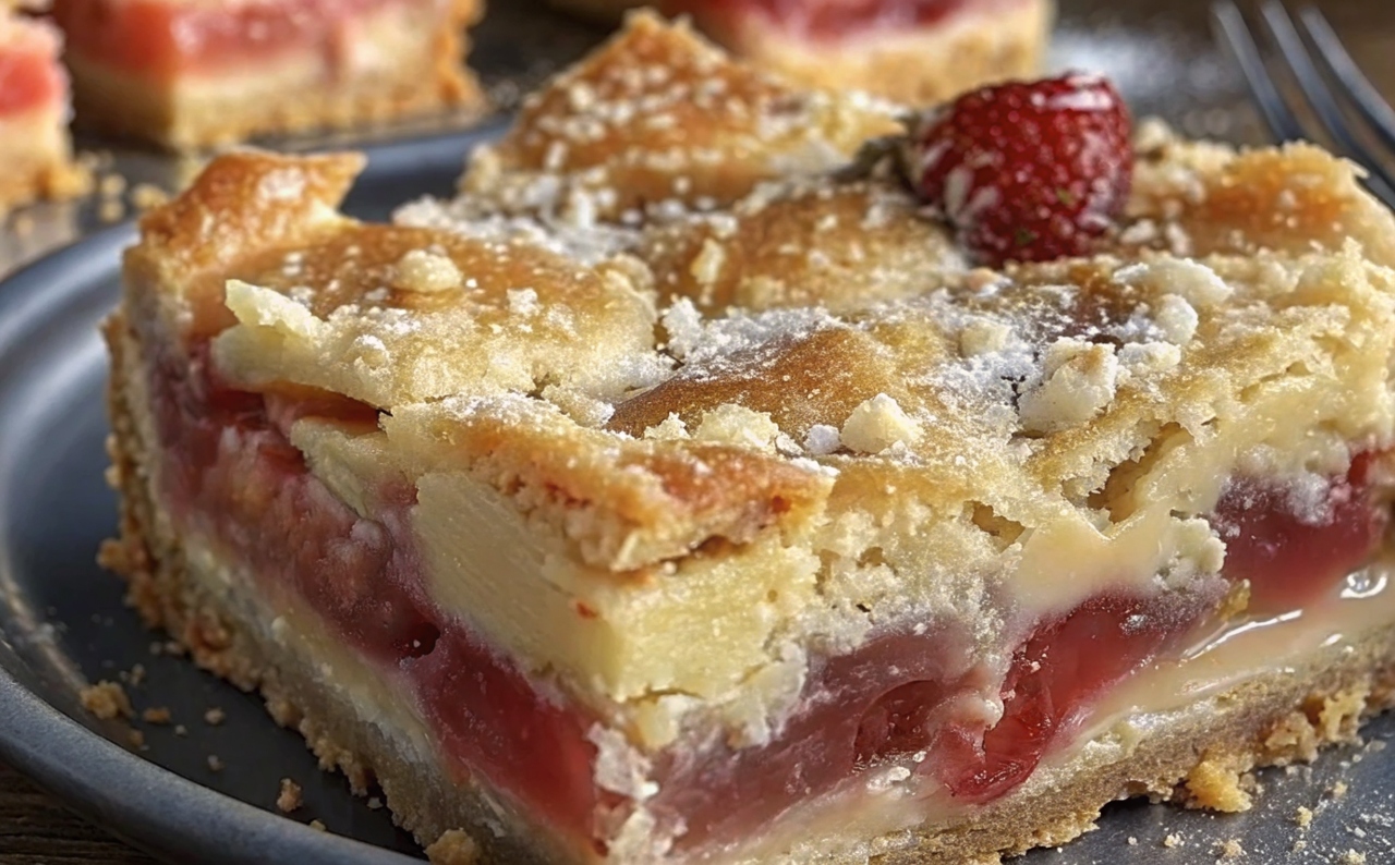Close-Up of Rhubarb Custard Bar with Golden Top Close-up of a freshly baked rhubarb custard bar showing layered crust, custard, and rhubarb