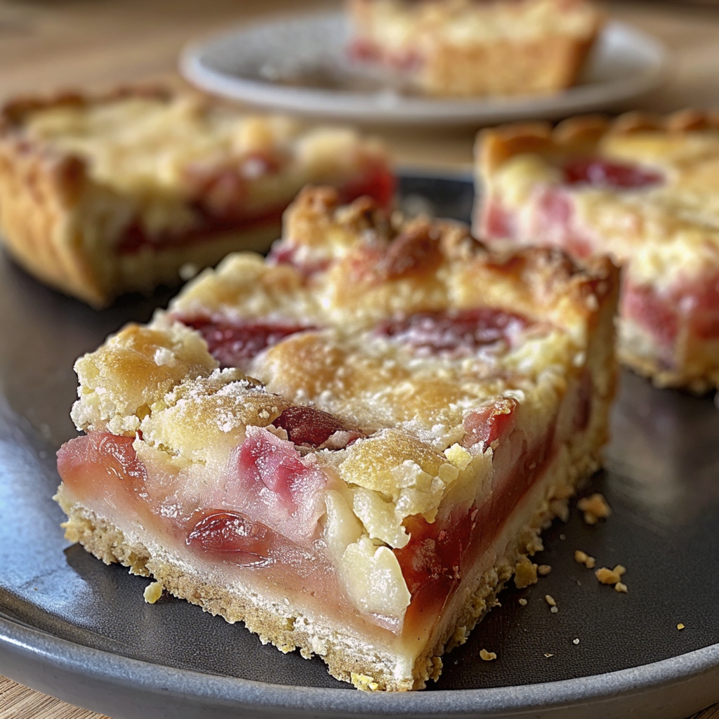 Homemade rhubarb custard bars with a golden crust and creamy filling on a plate