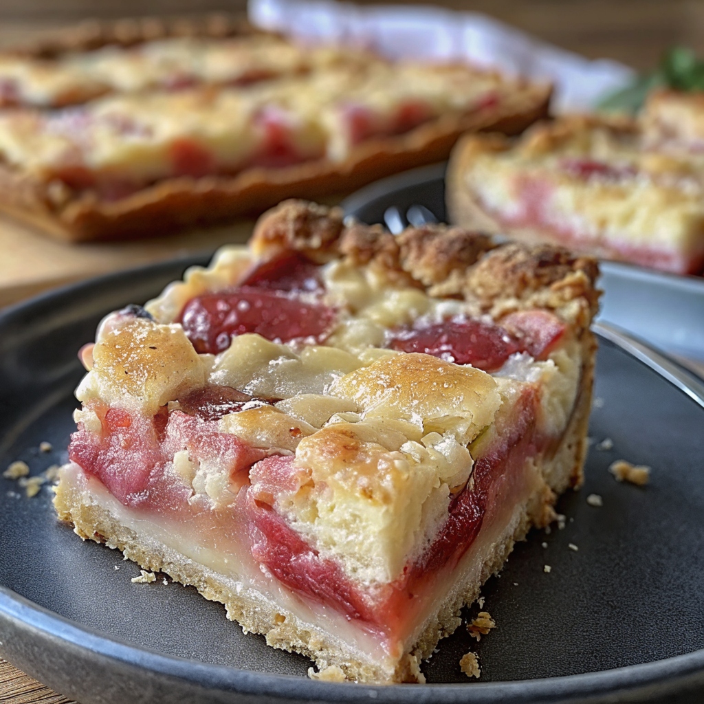 rhubarb-custard-bars-on-plate-intro Rhubarb custard bars served on a plate with a rustic kitchen background