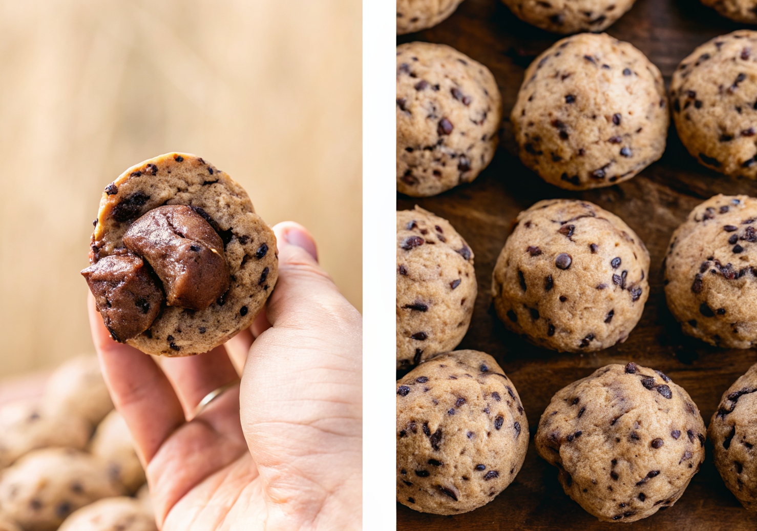 Stuffing chocolate cookie dough with Nutella and sealed dough balls ready to chill before baking