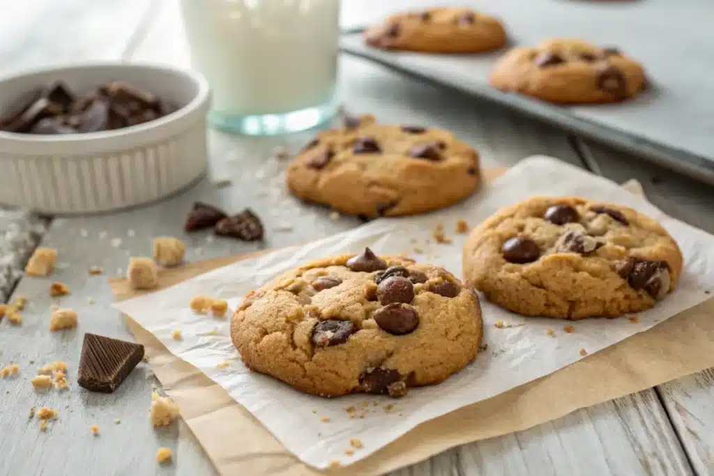 Freshly baked small batch chocolate chip cookies on parchment paper