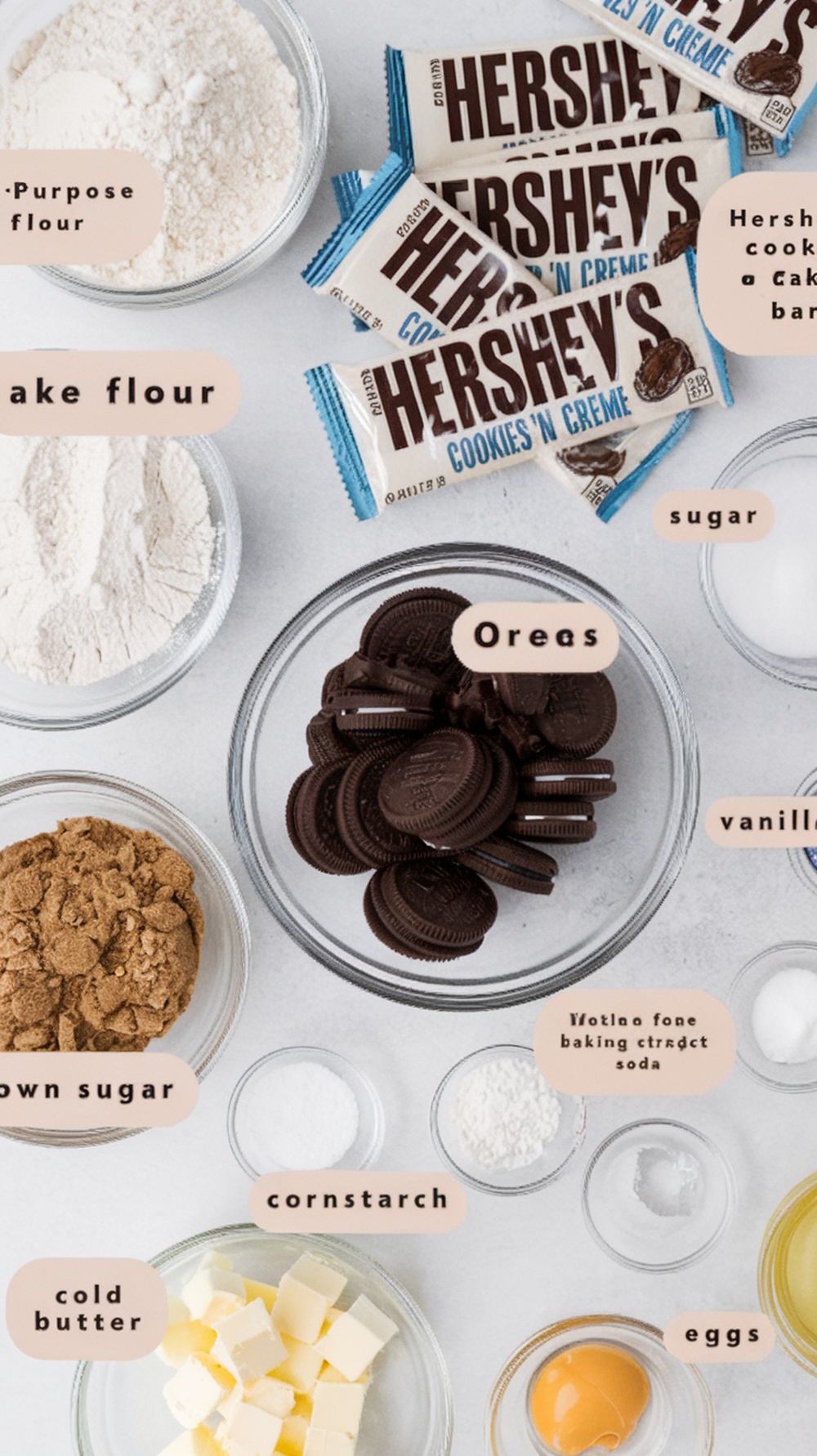 Ingredients for cookies and cream cookies including Oreos and butter
